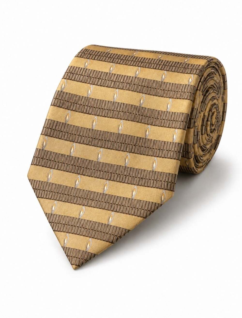 Cocktail Colors 100% Silk Tie Gold Brown Geometric Stripe Hand Made Mens